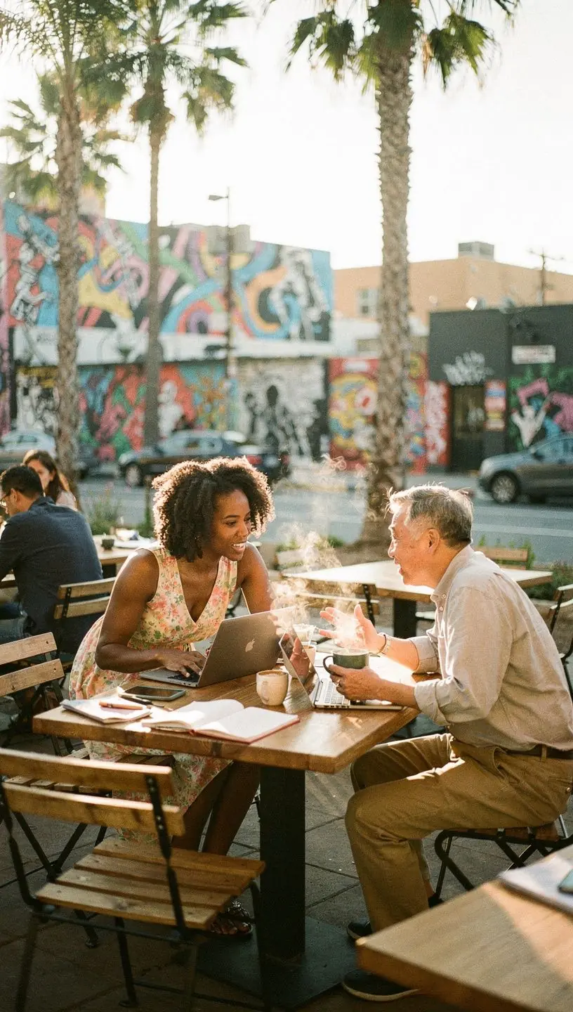 Team collaborating around a table with printed workflow charts and laptops, discussing time management strategies.