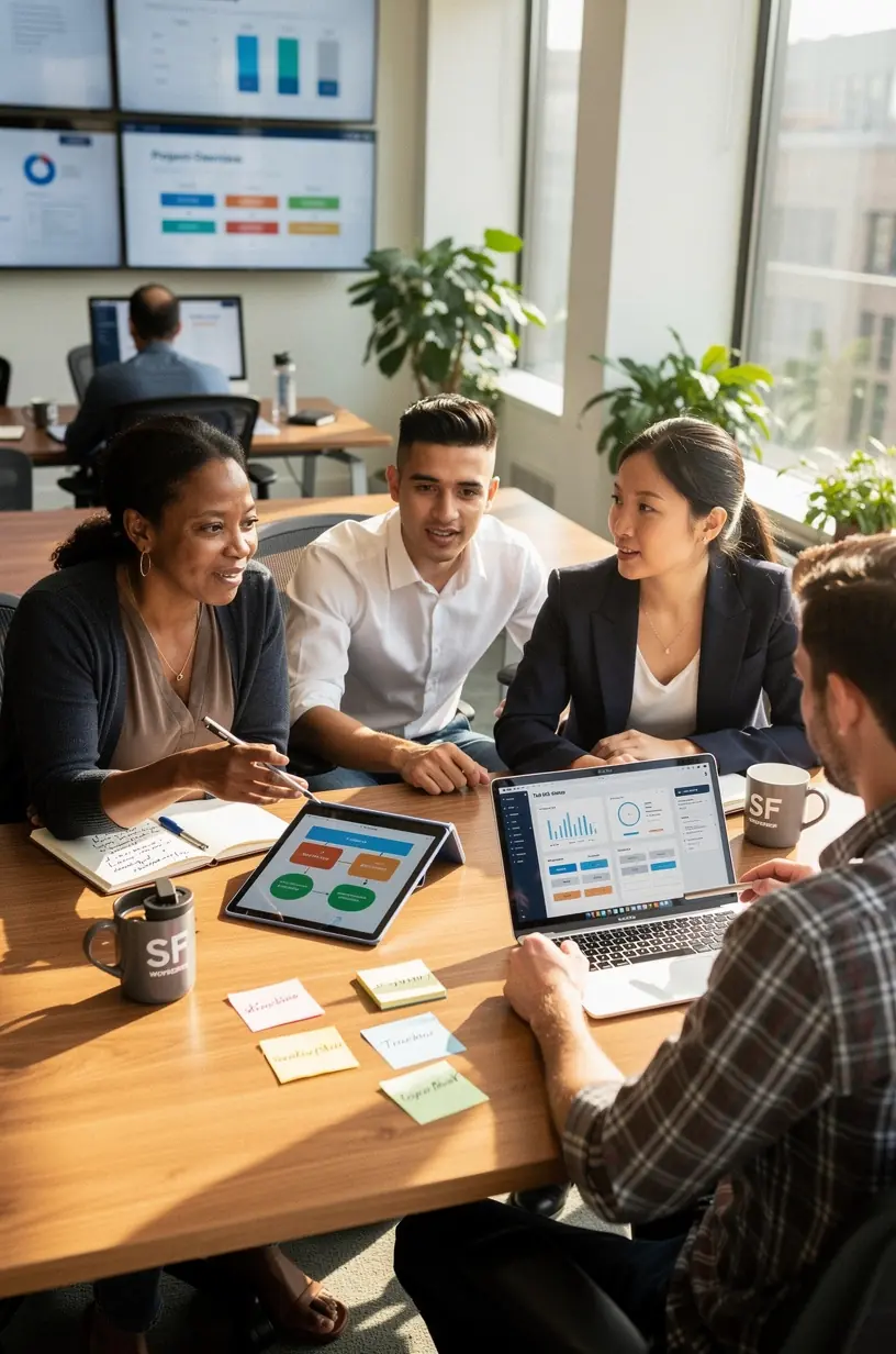 Professional workspace with multiple digital devices displaying task management software dashboards.
